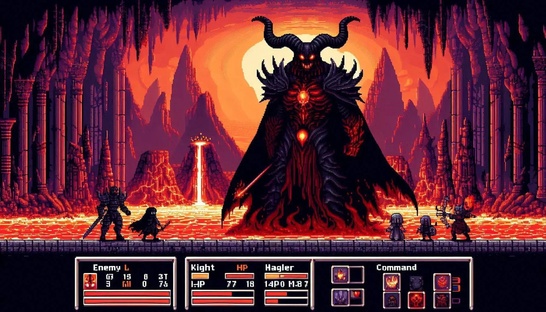 좌측 마왕과 우측 4인 파티가 화산 왕좌 홀에서 대치하는 픽셀 RPG 전투 UI 화면