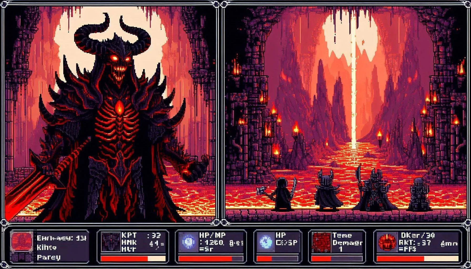 좌측 마왕과 우측 4인 파티가 화산 왕좌 홀에서 대치하는 픽셀 RPG 전투 UI 화면