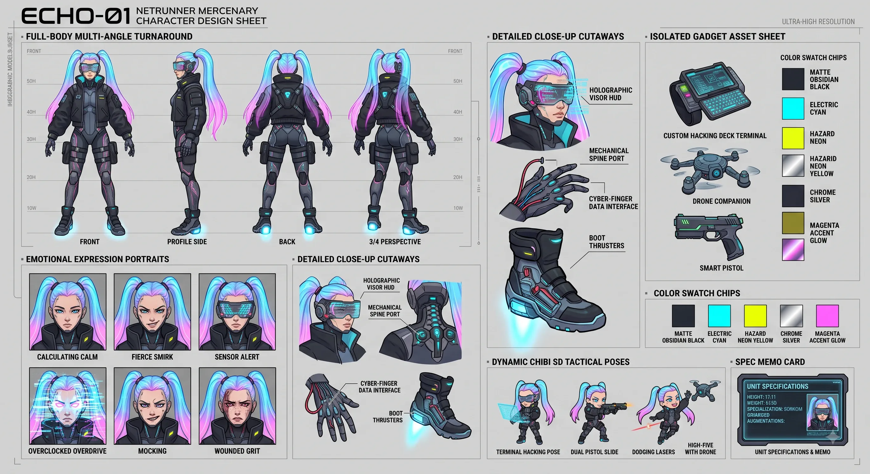 Cyberpunk Netrunner Character Design Sheet