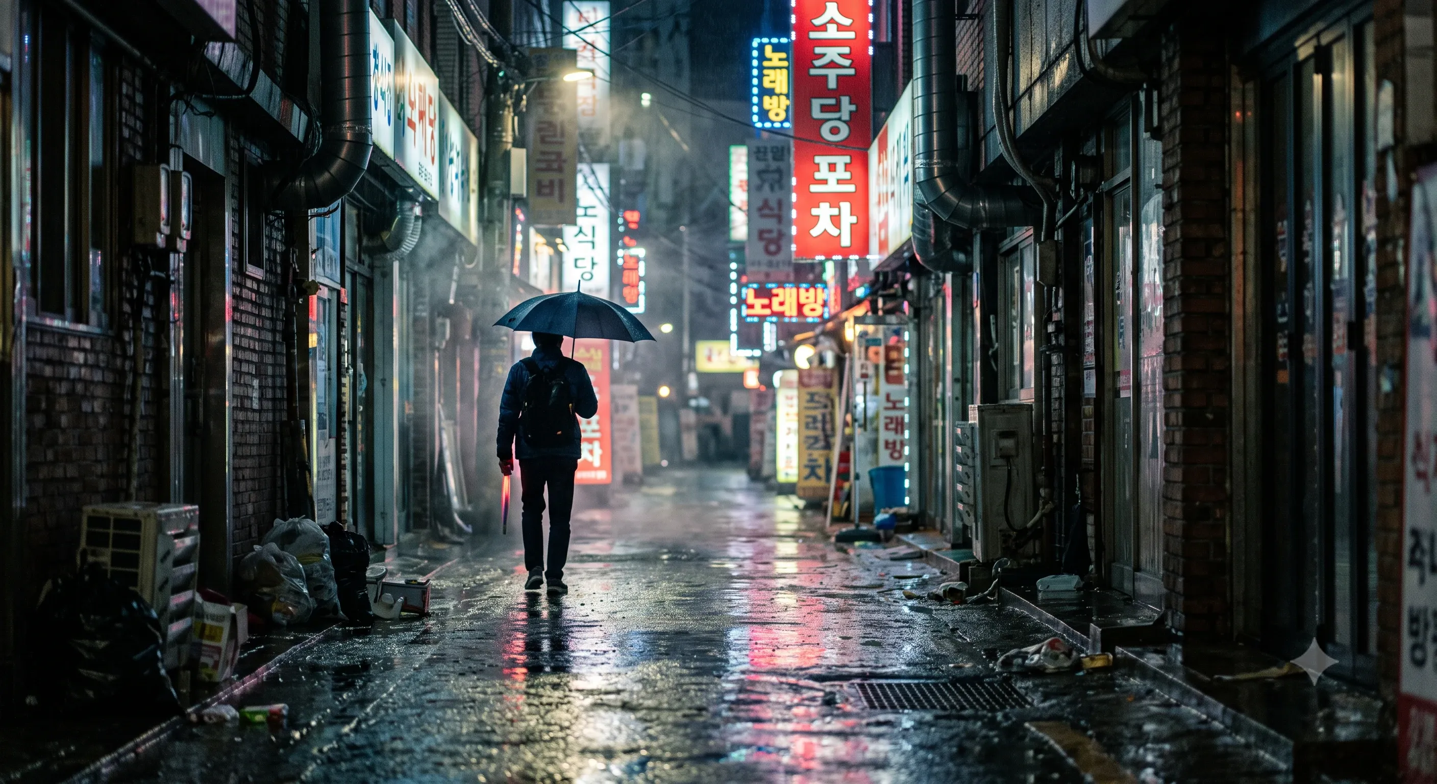비 오는 서울 골목과 네온 조명이 젖은 도로에 반사되는 시네마틱 AI 생성 이미지